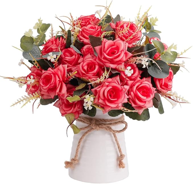 LESING Artificial Rose with Vase, Fake Silk Flowers Bouquets in Vase Table by LESING
