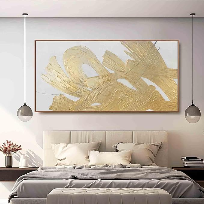 XIANSHOU Gold and White Canvas Wall Art Abstract Wall Artwork Neutral Wall - Image 3