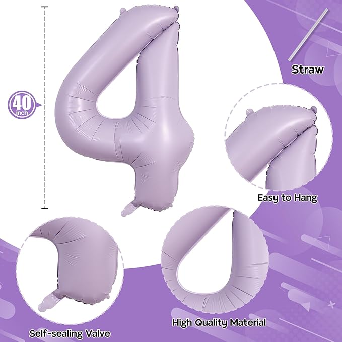 Light Purple Number 4 Balloons, 40 In Large Pastel Purple Number 4 Mylar Foil - Image 2