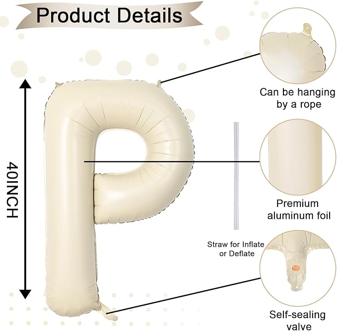 40 Inch Letter Balloons P, Big Custom A-Z Alphabet Foil Name Balloon Cream White - Image 2
