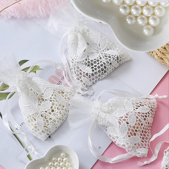 Ewanda store 8Pcs Lace Organza Drawstring Bags White Leaf Cotton Drawstring Bag - Image 3