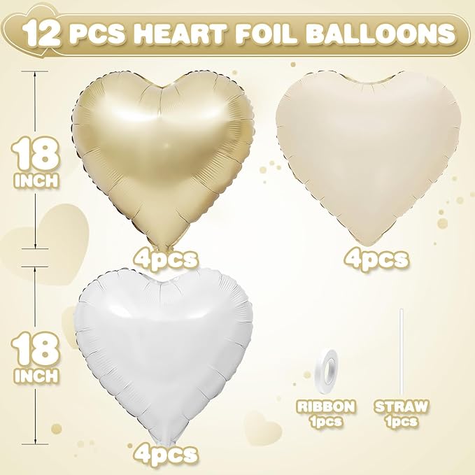 Cream White Heart Balloons, 18Inch Beige Helium Polyester Film Balloon - Image 2