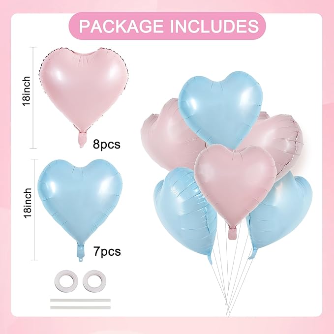 TONIFUL 15Pcs 18 Inch Heart Balloons Pastel Pink Blue Heart Shape Foil Mylar - Image 2