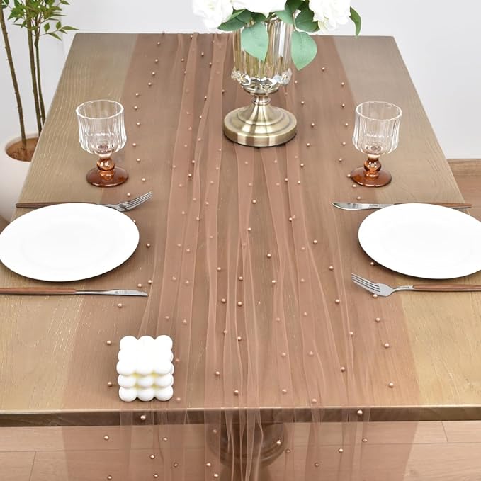 Joanlody Fall Pearl Table Runner 10ft Rustic Boho Tulle Table Runner - Image 3