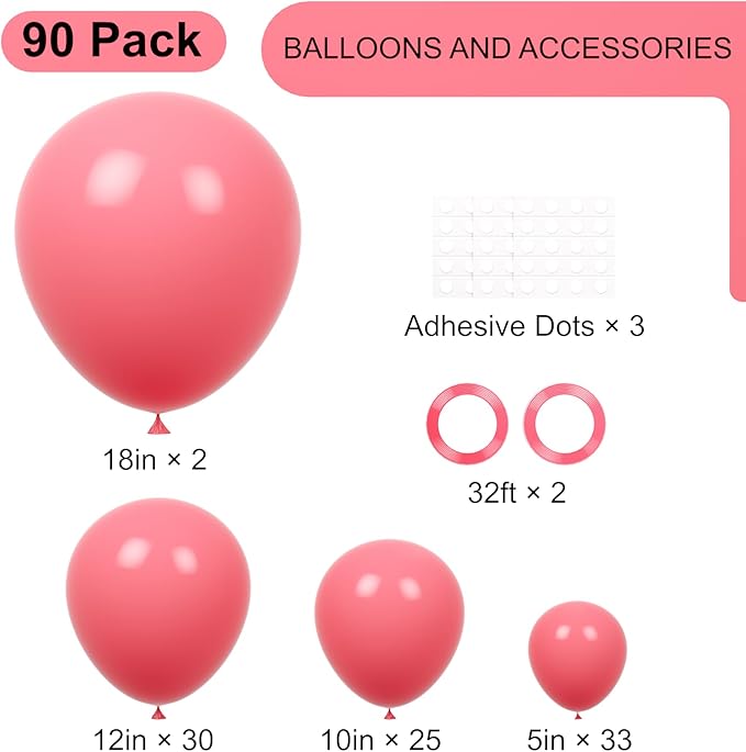 90pack Retro Hot Pink Balloons Different Size 18/12/10/5 Inch Retro Hot Pink - Image 2