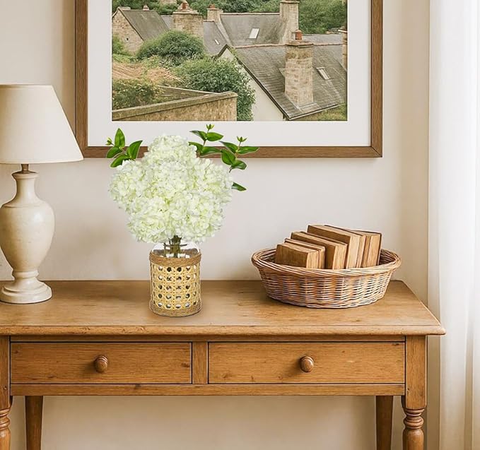 Hollyone White Hydrangea Artificial Flowers in Woven Glass Vase - Image 2