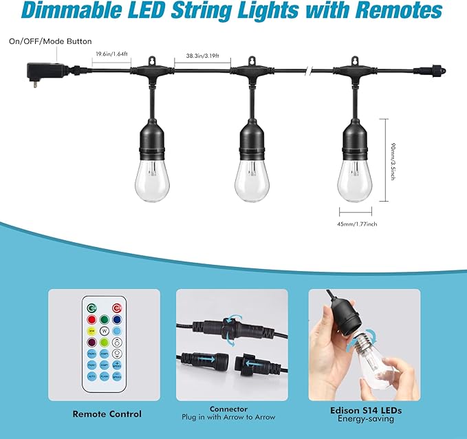 48FT RGB Outdoor String Lights, 15 Shatterproof Edison LED Bulbs, Waterproof - Image 6