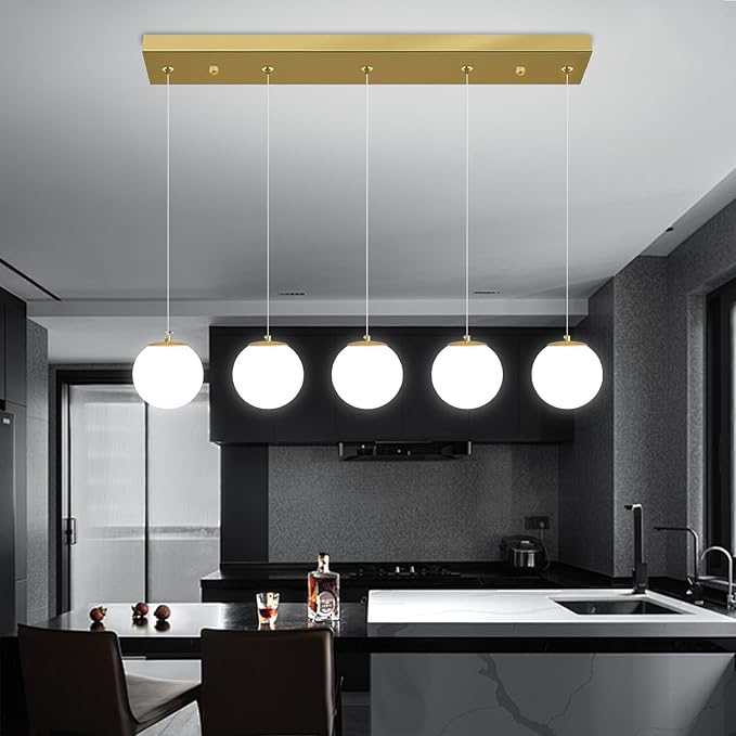 5-Lights Globe Pendant Light for Kitchen Island H 98" Gold Rectangle Chandelier - Image 7