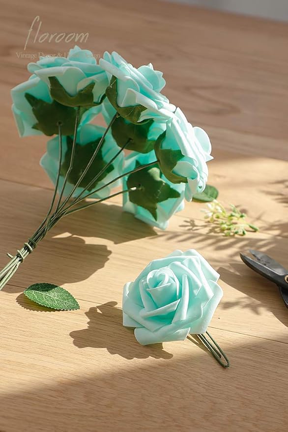 Floroom Artificial Flowers 25pcs Real Looking Robin's Egg Blue Foam Fake Roses - Image 2