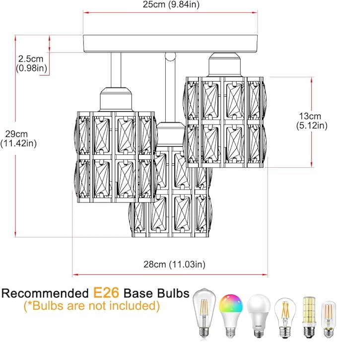 Modern Semi Flush Mount Ceiling Light, 3-Light Black Crystal Close to Ceiling - Image 7