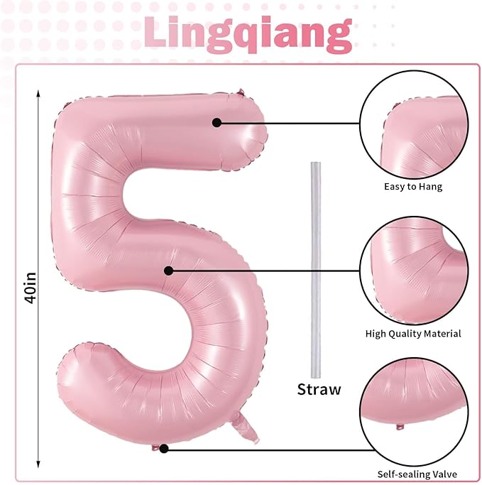 Light Pink Balloon Number 5, 40 Inch Large Self Inflating Foil Number Balloons - Image 2
