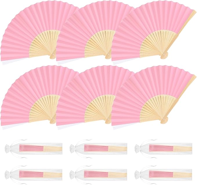 6 Pieces Pink Hand Held Bamboo Folding Fans Foldable Paper Fans Handheld by Bringsparkletoeverydaylife