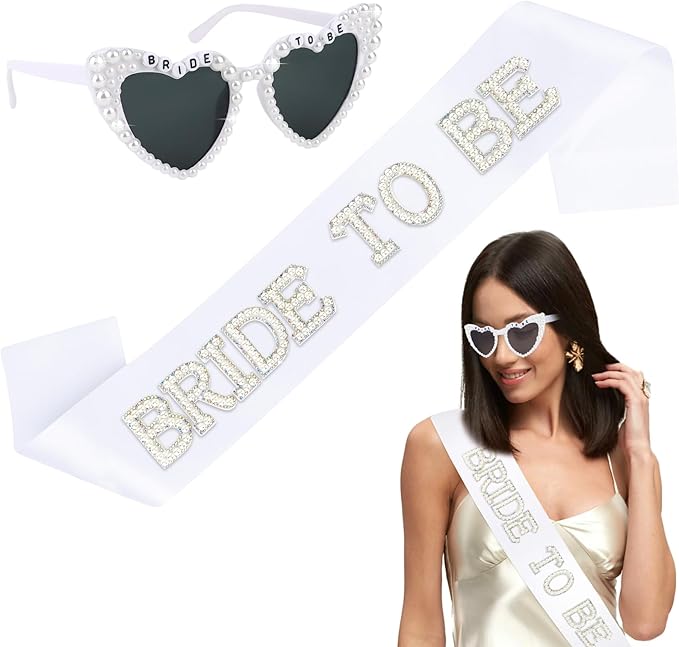 White Bride Sash & Heart Sunglasses Set Bachelorette Party Decorations Bridal - Image 8