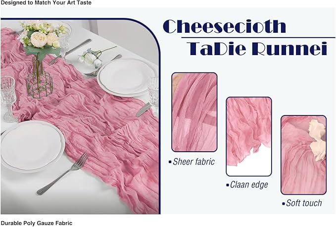 6 Pack Dusty Rose Cheesecloth Table Runner 20x120 Inch Boho Wrinkled Sheer - Image 2