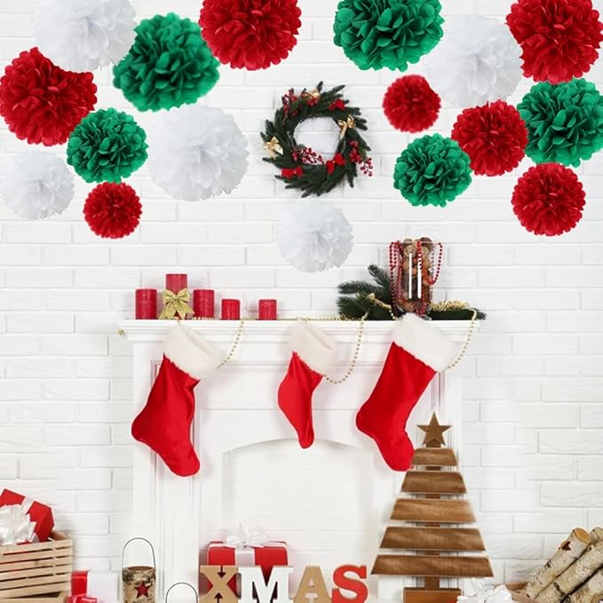 Easy Joy 17Pcs Christmas New Year Hanging Decoration Red Green White Paper Pom - Image 6