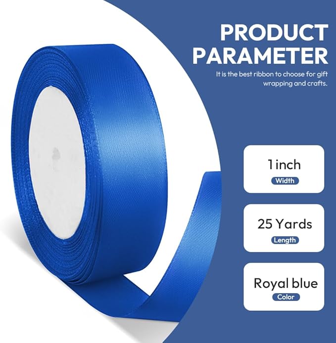 1" x 25 Yards Satin Ribbon, Royal Blue Silk Ribbon Ideal - Image 2