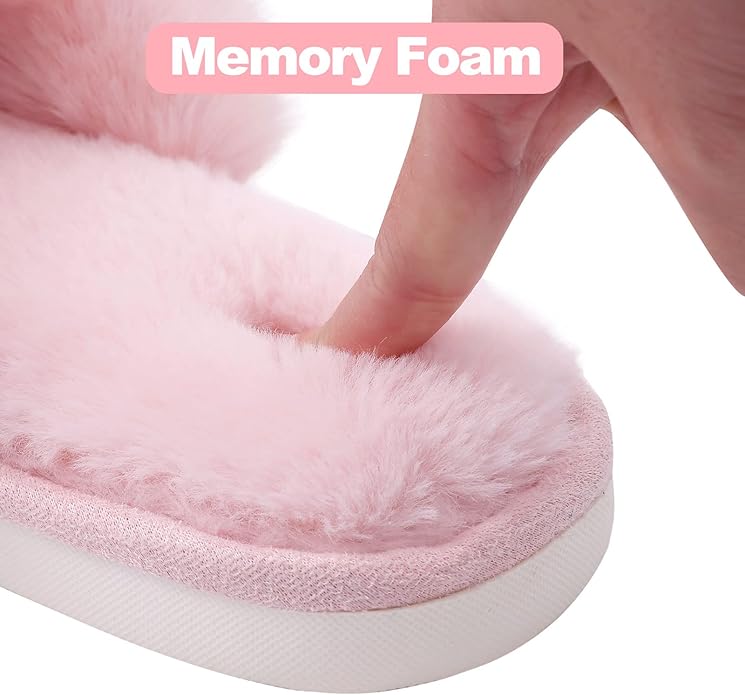 Evshine Women's Fuzzy Slippers Cross Band Memory Foam House Slippers Open Toe - Image 5