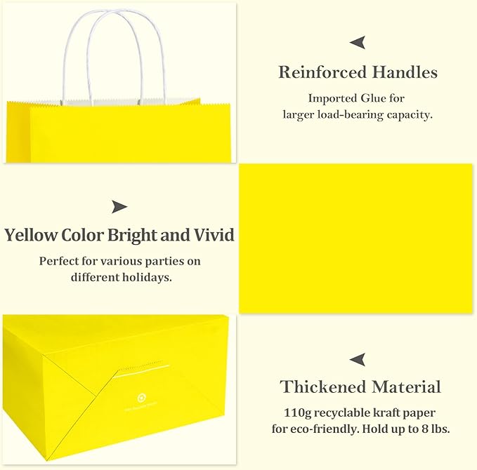 BagDream 8x4.25x10.5 Inch 100Pcs Yellow Gift Bags Medium, Kraft Paper Bags - Image 4