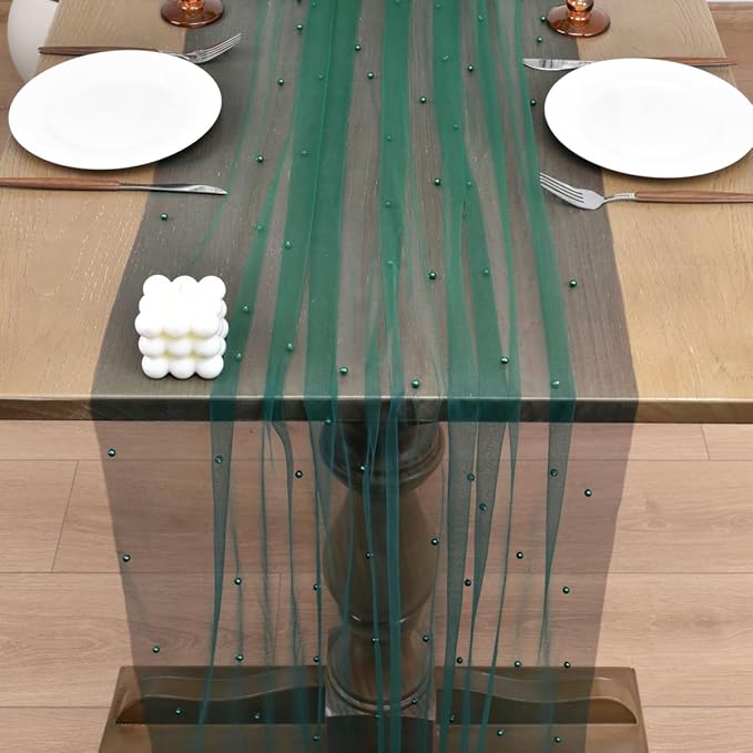 Joanlody Fall Pearl Table Runner 10ft Rustic Boho Tulle Table Runner - Image 5