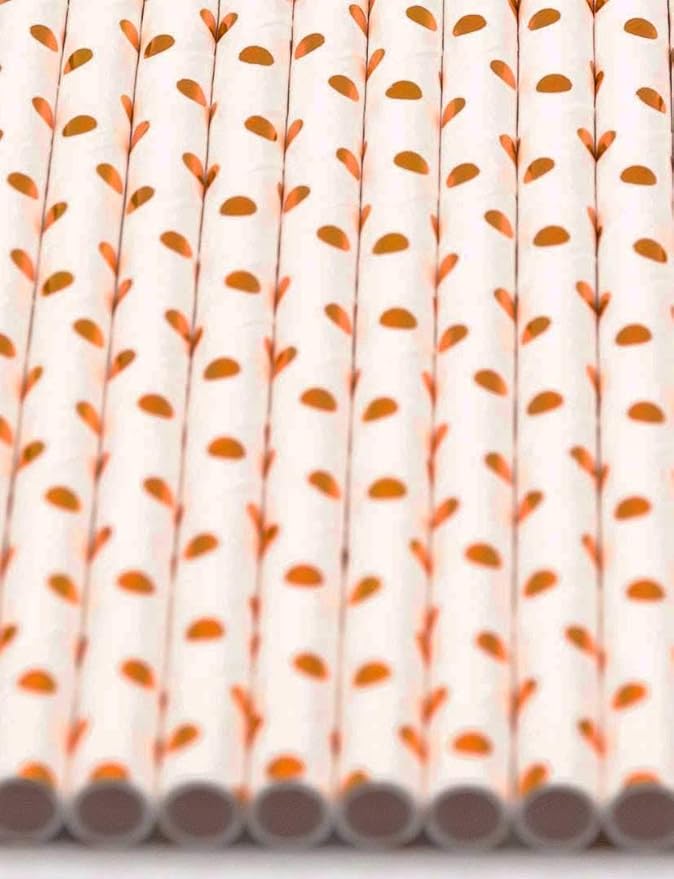 Pack of 150 Rose Gold Polka Dot Foil Biodegradable 4-Ply Paper Drinking Straws - Image 3