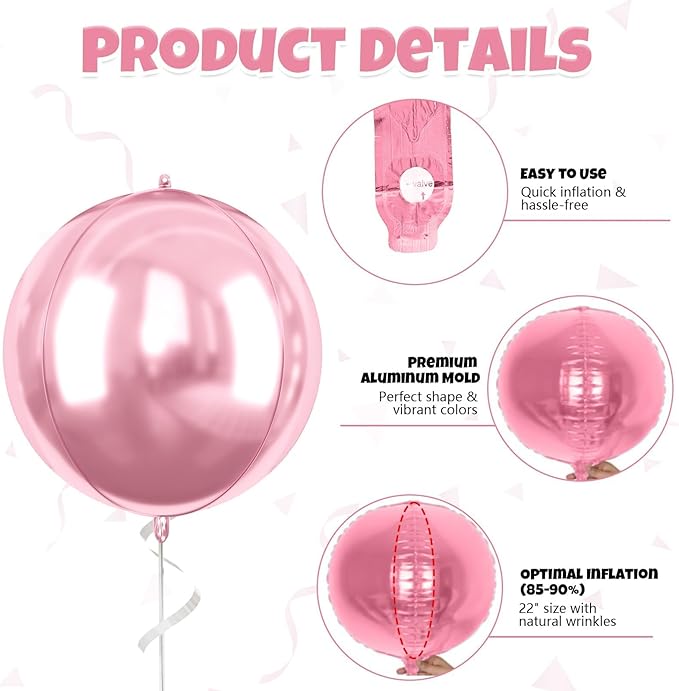 Pink White Giant 4D Foil Balloons, 22 Inch Big Round Foil Balloon - Image 4