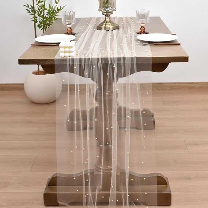 Joanlody Fall Pearl Table Runner 10ft Rustic Boho Tulle Table Runner - Image 6