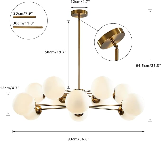 KCO Lighting 12-Light Glass Globe Sputnik Chandelier Light Fixture Mid Century - Image 2