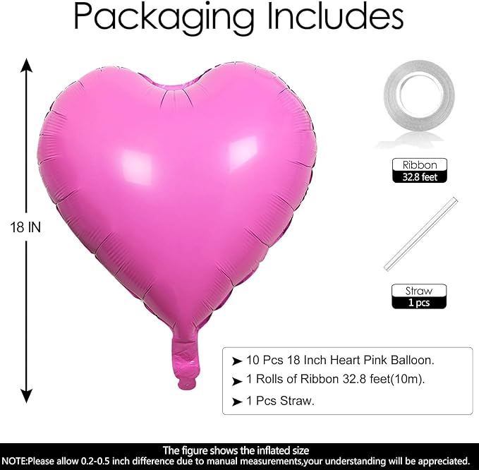 10Pcs Pink Foil Heart Shaped Balloons 18 Inch Bright Pink Heart Balloons - Image 2
