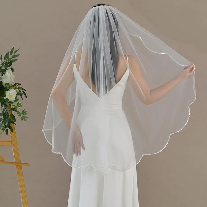 Bridal Veils Pearls and Crystals Beaded Edge Fingertip Length Wedding Veil - Image 3