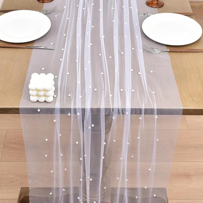 Joanlody Fall Pearl Table Runner 10ft Rustic Boho Tulle Table Runner - Image 5