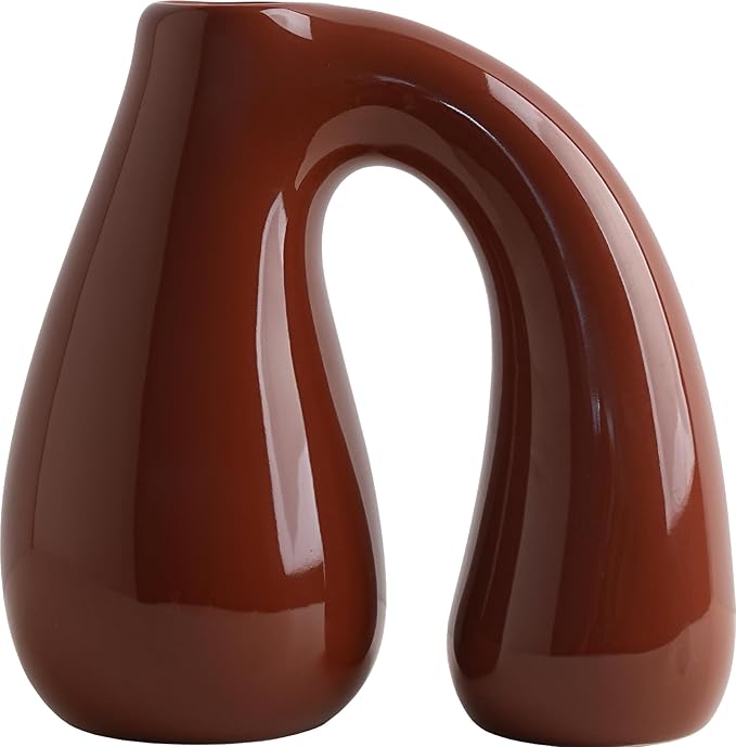 Brown Ceramic Vase – Glossy Modern Sculptural Décor, Arch Handle Artistic Design - Image 2