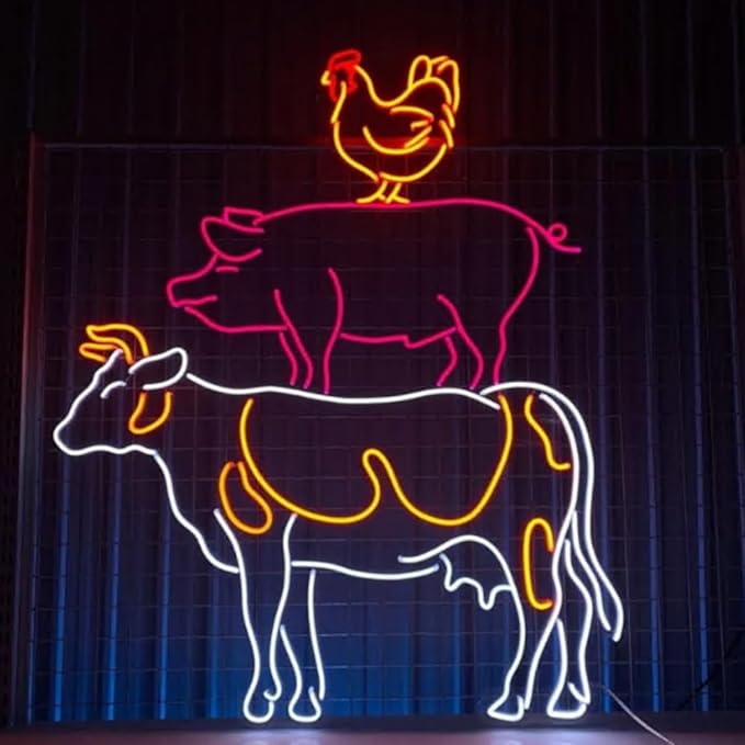 Cow Pig Chicken Farm & BBQ Restaurant Led Sign, Custom Neon Sign, Barbecue by BELISAMA
