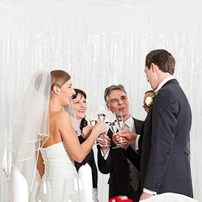3Pcs White Metallic Tinsel Foil Fringe Curtains, 3.28ft x 6.56ft White Photo - Image 3