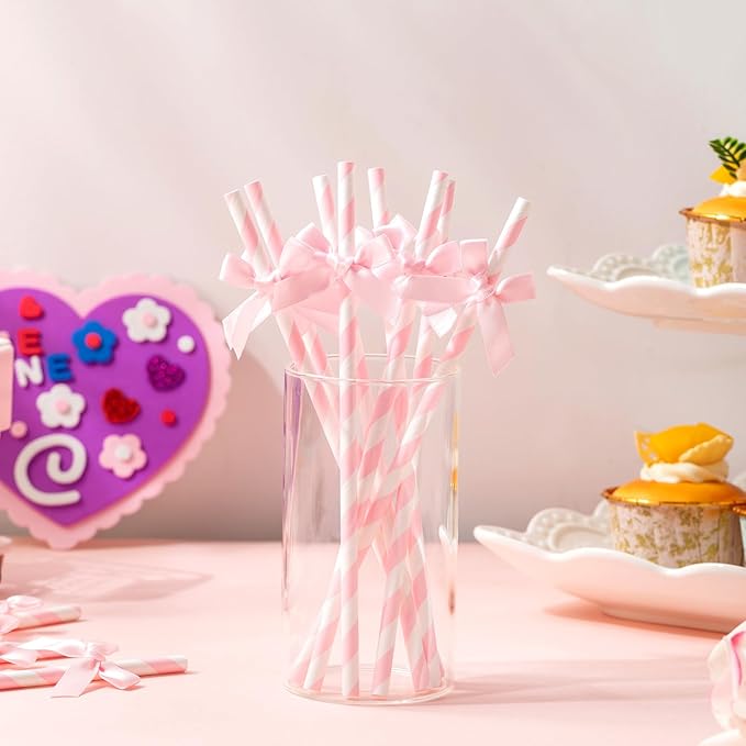 50 Pcs Pink Paper Straws for Drinking, Bow Disposable Striped Paper Straws Bulk - Image 2
