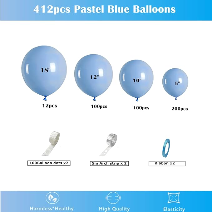 412pcs Pastel Blue Balloon Garland Arch Kit 18 12 10 5 Inch Different Sizes - Image 2