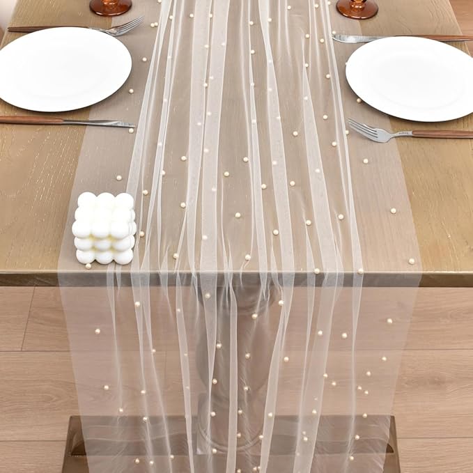 Joanlody Fall Pearl Table Runner 10ft Rustic Boho Tulle Table Runner - Image 5