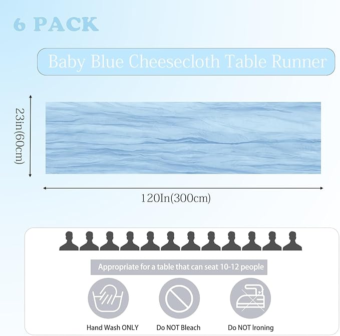 6 Pack Baby Blue Cheesecloth Table Runner 23x120 inch Rustic Boho Gauze Table - Image 4