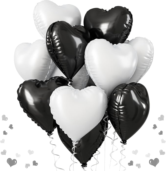 Black White Heart Balloons, 18 Inch Large Matt Black and White Heart Shape Foil by TAOYE