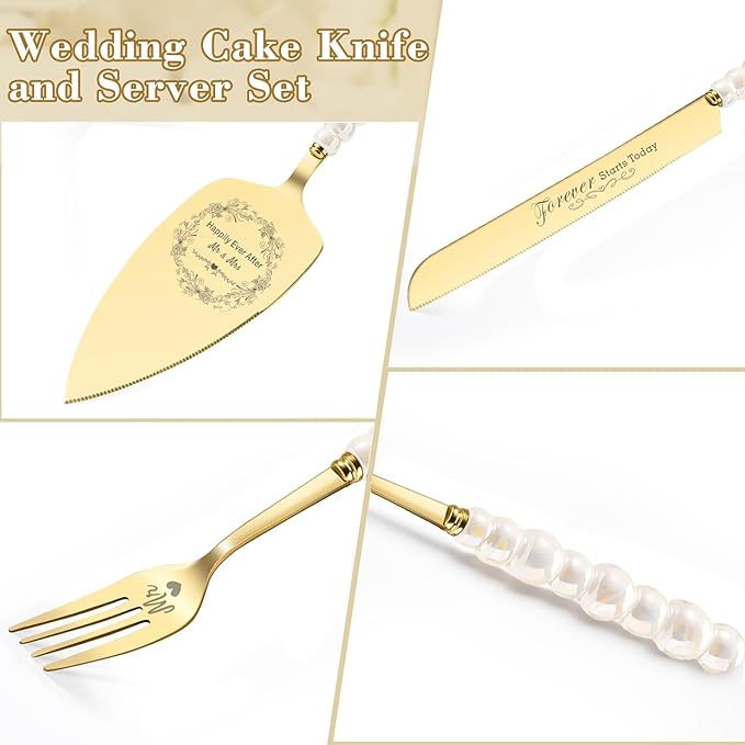 Wedding Cake Knife and Server Set, Ceramic Pearl Handle Wedding Cake Cutting Set - Image 4