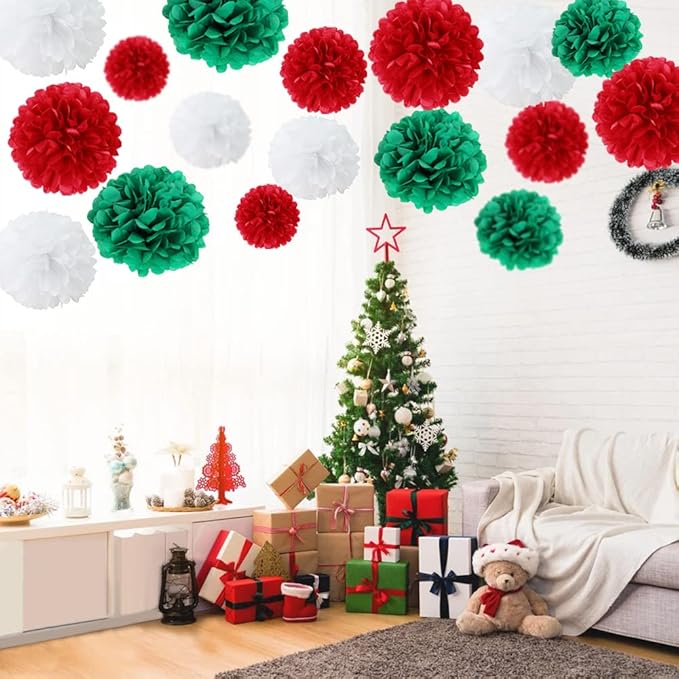 Easy Joy 17Pcs Christmas New Year Hanging Decoration Red Green White Paper Pom - Image 3