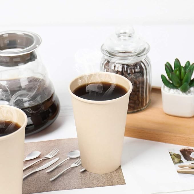 100 Count 12 oz Plant Fiber Disposable Light Brown Paper Coffee Cups, Hot Coffee - Image 6
