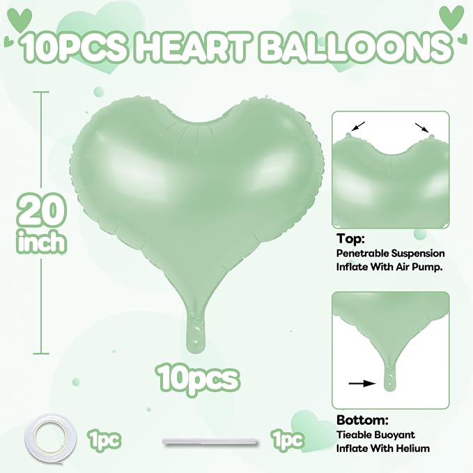 20 Inch Sage Green Heart Balloons, Pastel Green Helium Balloon - Image 2