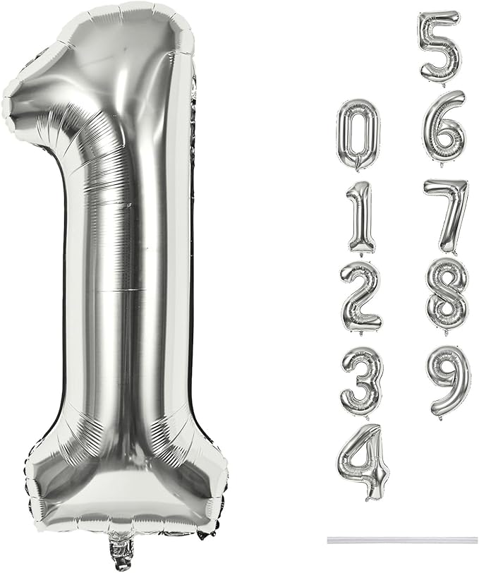 Silver 1 Balloon Number, 40 Inch Giant Helium Foil Number 0-9 by Lingqiang