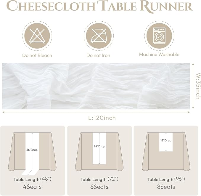Sioloc Ivory White Cream Cheesecloth Table Runner Fall Autumn Decor - Image 6