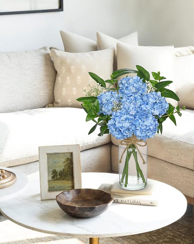Hollyone Blue Hydrangea Artificial Flowers in Clear Glass Vase - Image 7