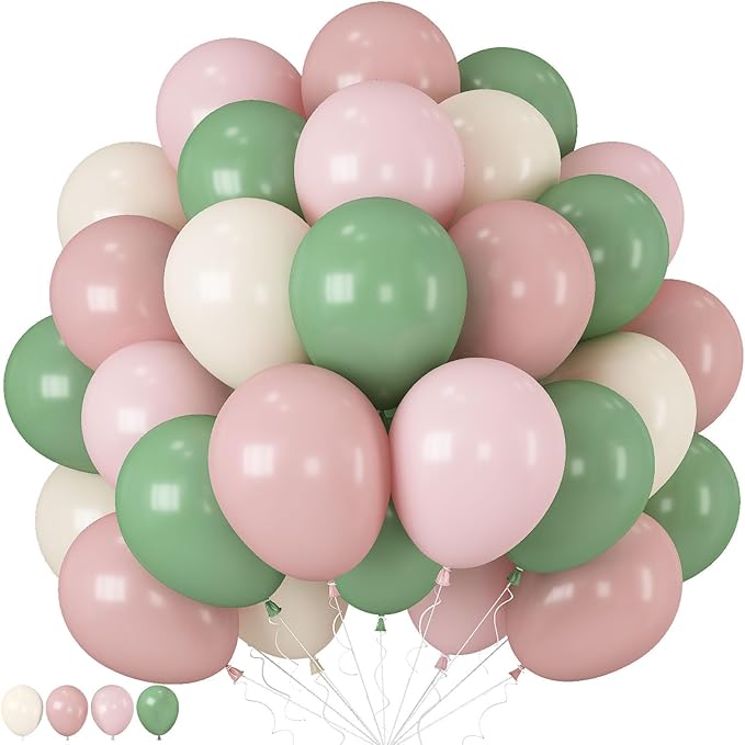 Sage Green Pink Balloons, Blush Sand White Balloon by Paeyeq