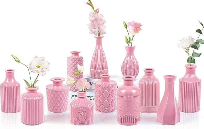 Baby Pink Glass Bud Vases Set of 12, Mini Flower Vase by UPBUD