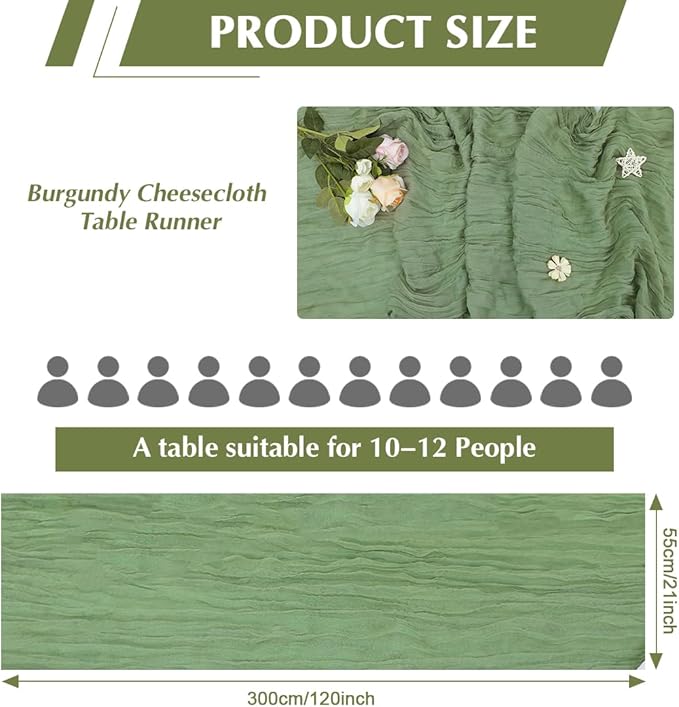 Olive Green Cheesecloth Table Runner -21*120Inch Long Boho Wedding Table Decor - Image 2