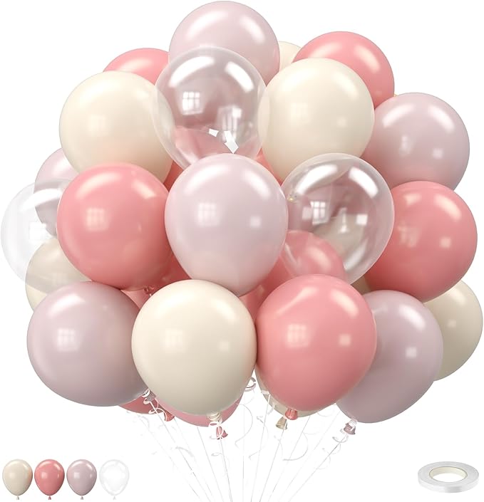 Pink and White Balloons, 12 Inch Pastel Pink Beige Cream White Clear Latex by BIAPIAN