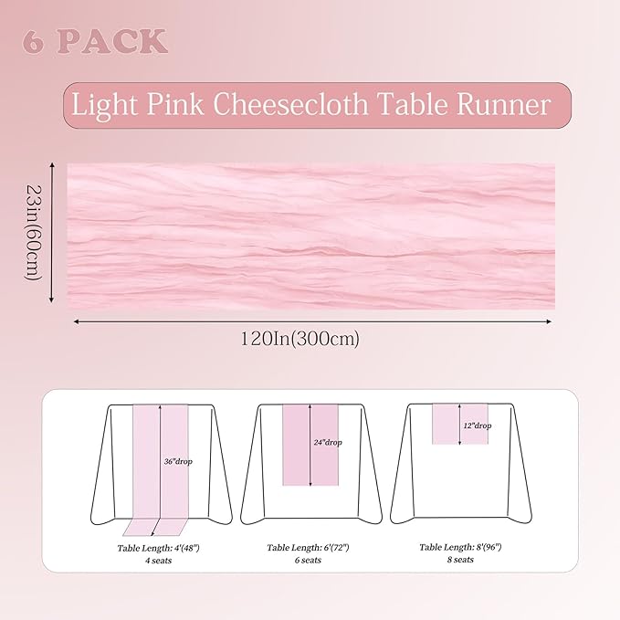 6 Pack Light Pink Cheesecloth Table Runner 23x120 inch Rustic Boho Gauze Table - Image 4